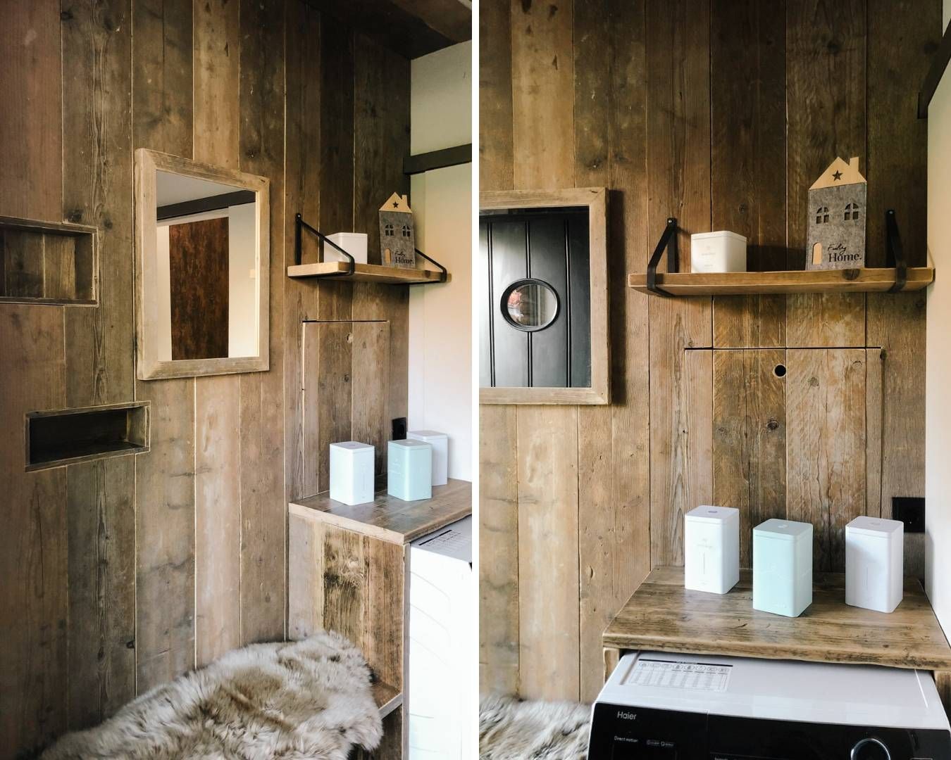 Wandverkleidung aus Altholz hat einen besonderen Charme und bringt Wärme in jeden Raum. Hier wurde ein Hauswirtschaftsraum mit Altholz aus Gerüstbohlen verkleidet.